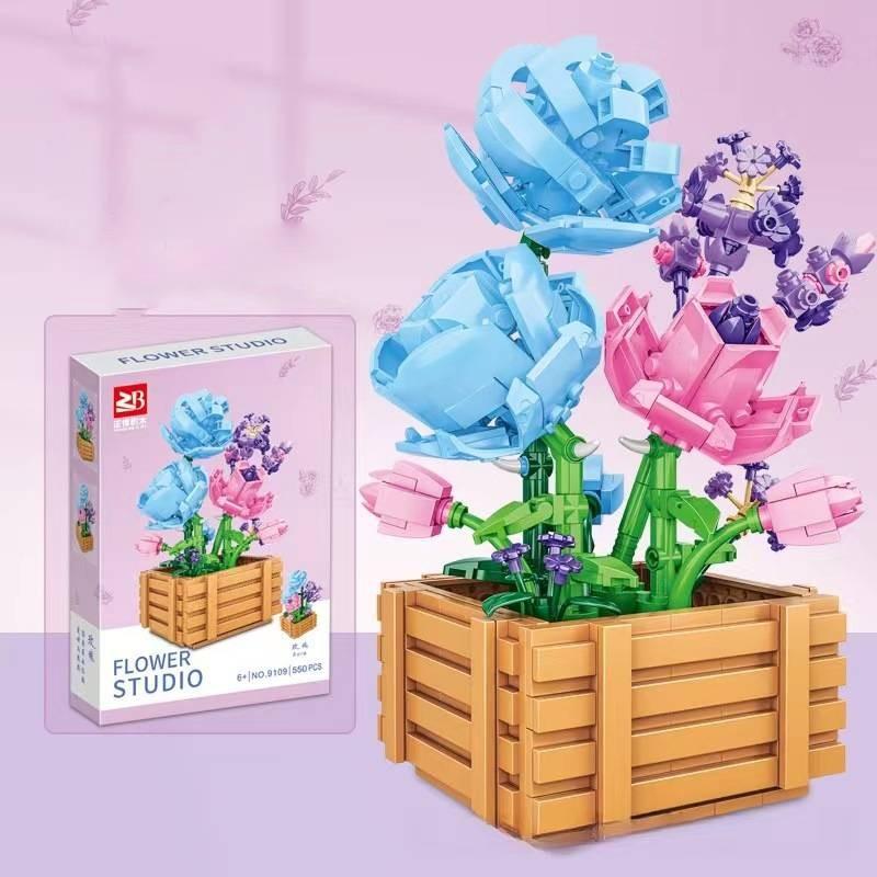Blocks Building Puzzle Flower Peach Blossom Rose Cherry Blossom Kid Toy Model