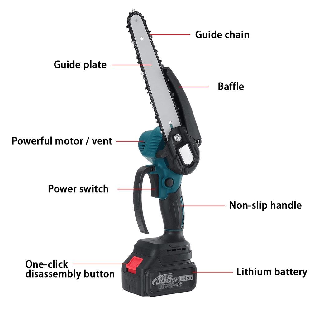 8Inches 388VF 3000W Variable Speed Rechargeable Woodworking Tools With 2Battery Brushless Mini Electric Chain Saw