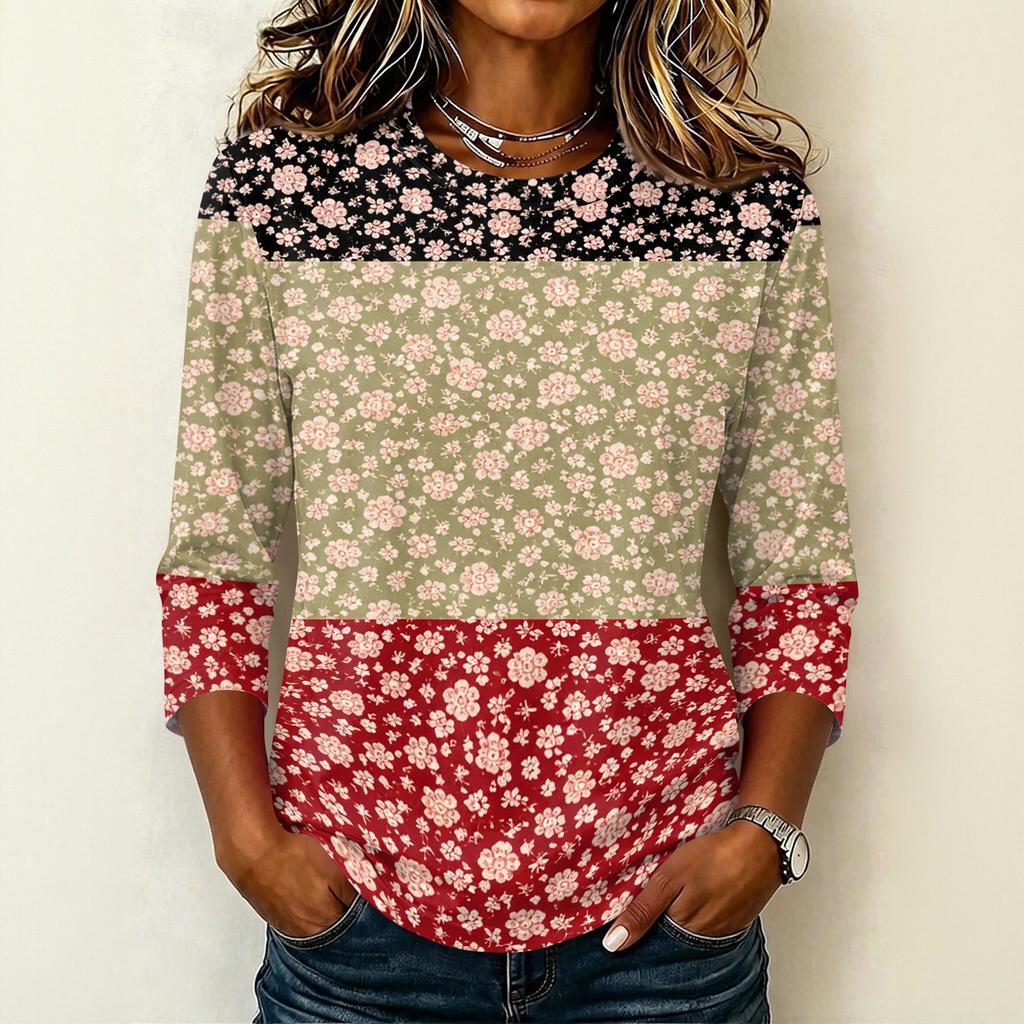 Women Casual Round Neck 3/4 Sleeve Floral Print T Shirt Lightweight Comfortable Soft Fabric Top for Everyday Wear