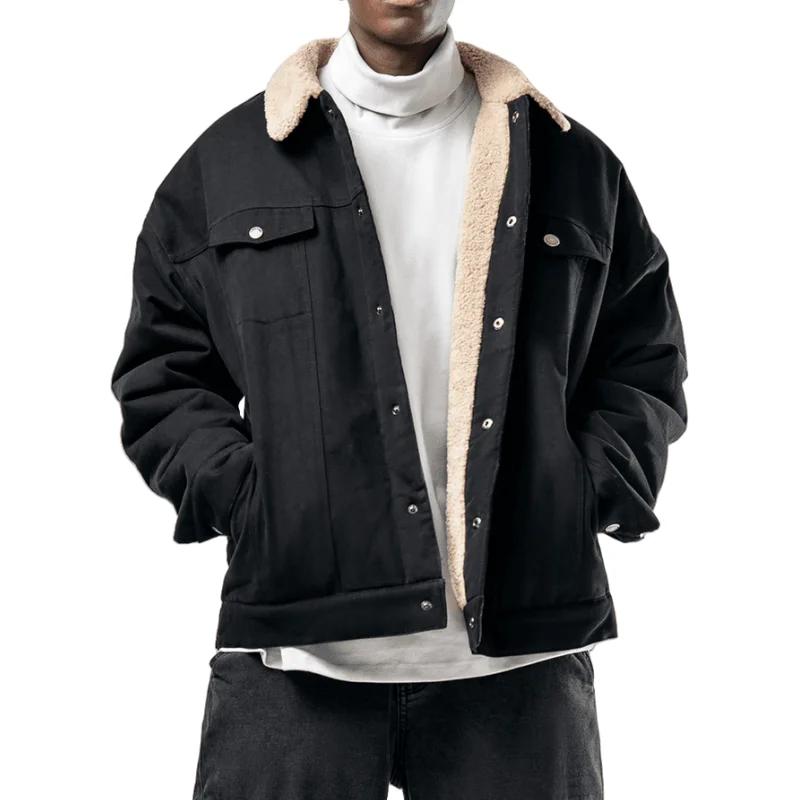 

Мужская куртка с флисовой подкладкой на осень-зиму 2026, мужские джинсовые куртки из овечьей шерсти, мужские парки в стиле стритвир, верхняя одежда, мужские теплые джинсовые пальто XL чёрный