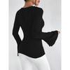 New Women's V-neck Flared Sleeve Burgundy T-shirt Autumn Winter Slim Fit Base Shirt Top