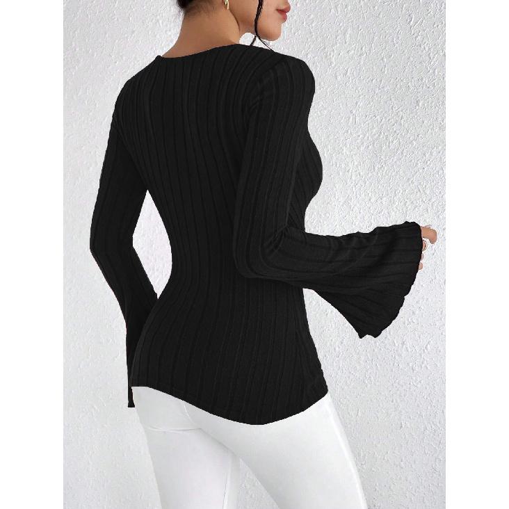 New Women's V-neck Flared Sleeve Burgundy T-shirt Autumn Winter Slim Fit Base Shirt Top