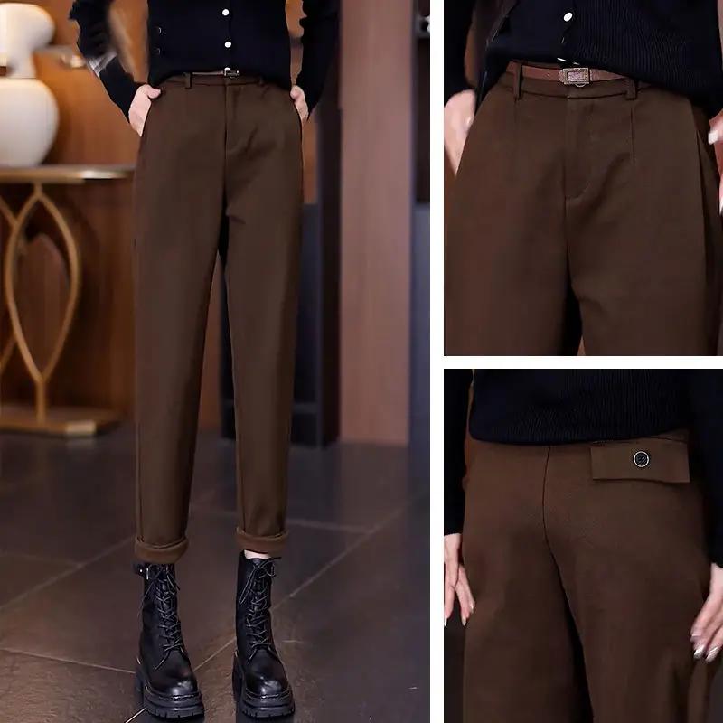 Herbst und Winter Damen Einfarbig Gerade Hosen Slim Knopf Mode Lässig Formell Büro Dame All Match Hosen