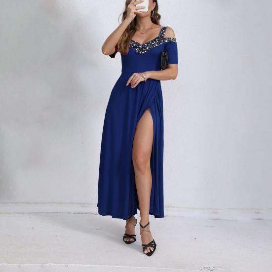 Abendkleid für Damen, ausgehöhlt, V-Ausschnitt, hoher Schlitz, Pailletten, plissiert, kurze Ärmel, Übergröße, A-Linie, schulterfrei, knöchellang, Abschlussball, Party, Maxikleid