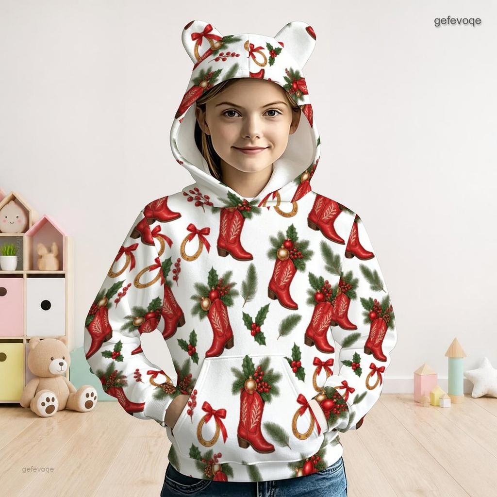 Girls Long Sleeve White Christmas Printed Bear Ear Hooded Varsity Jacket
