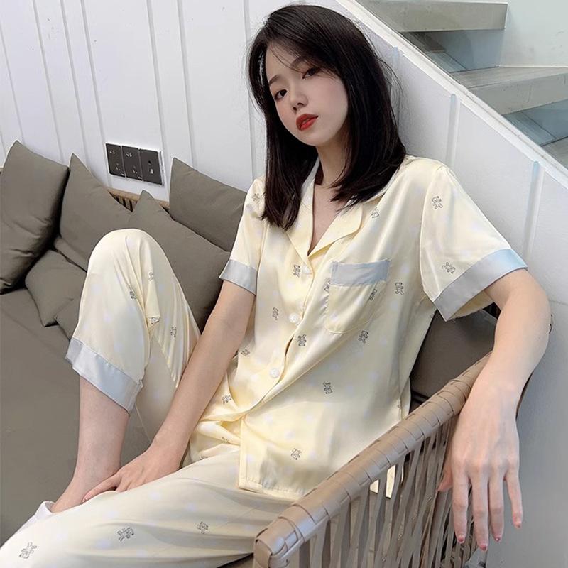 Summer French High-End Bear Pajamas Women'S Short-Sleeved Trousers Thin Contrasting Color Loungewear Women'S Suit
