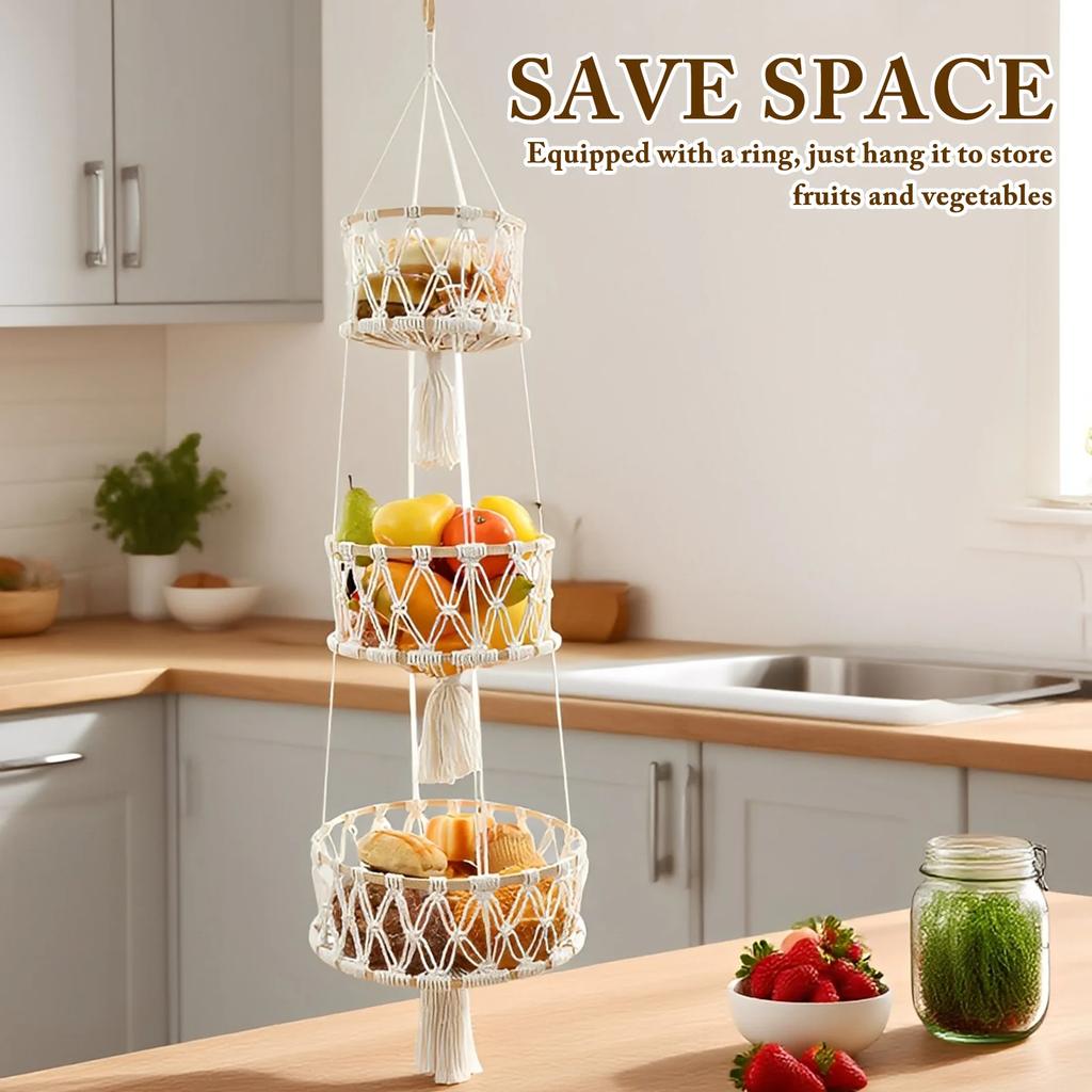 3 Tier Hanging Fruit Basket Handmade Woven Hanging Storage Basket Flower Pot Planter Hanger Garden Decoration Kitchen Basketry