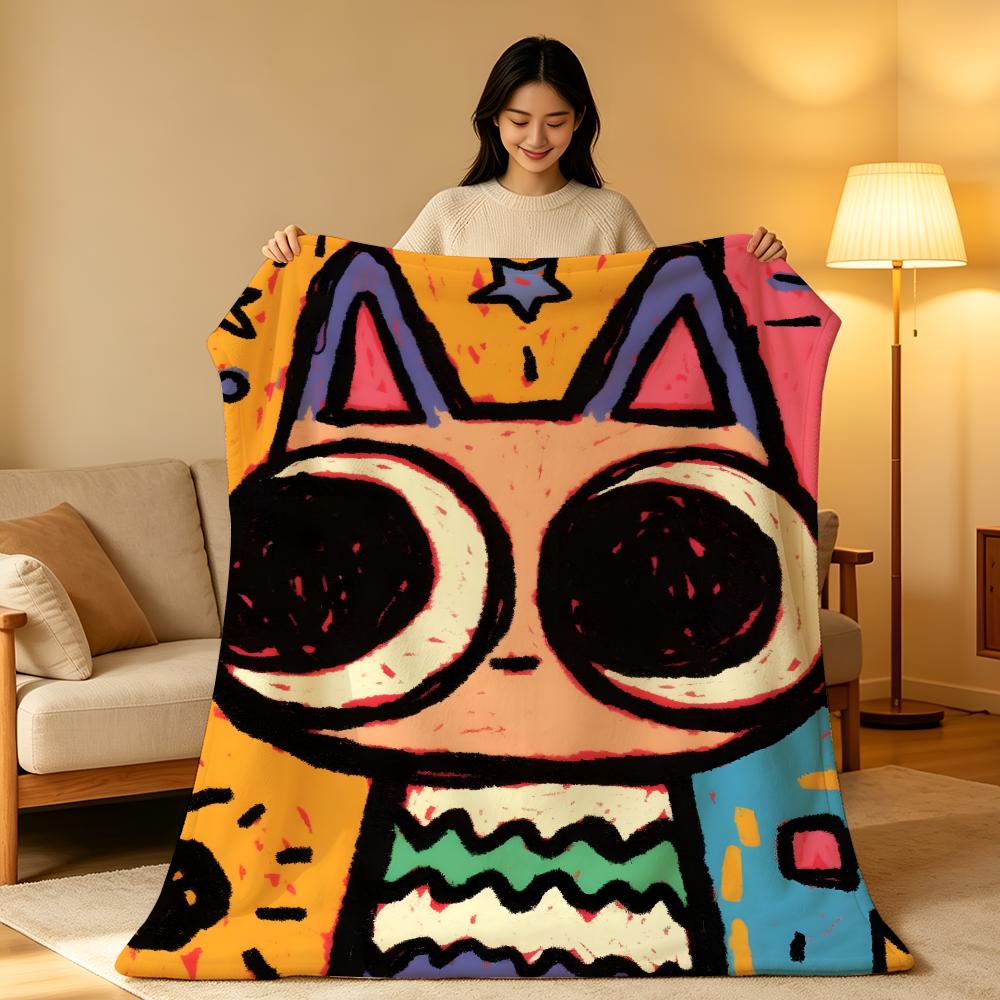 Art Graffiti Style Cat Throw High-Density Short Plush Blanket Soft Skin-Friendly for Sofa Nap Air-Conditioned Room
