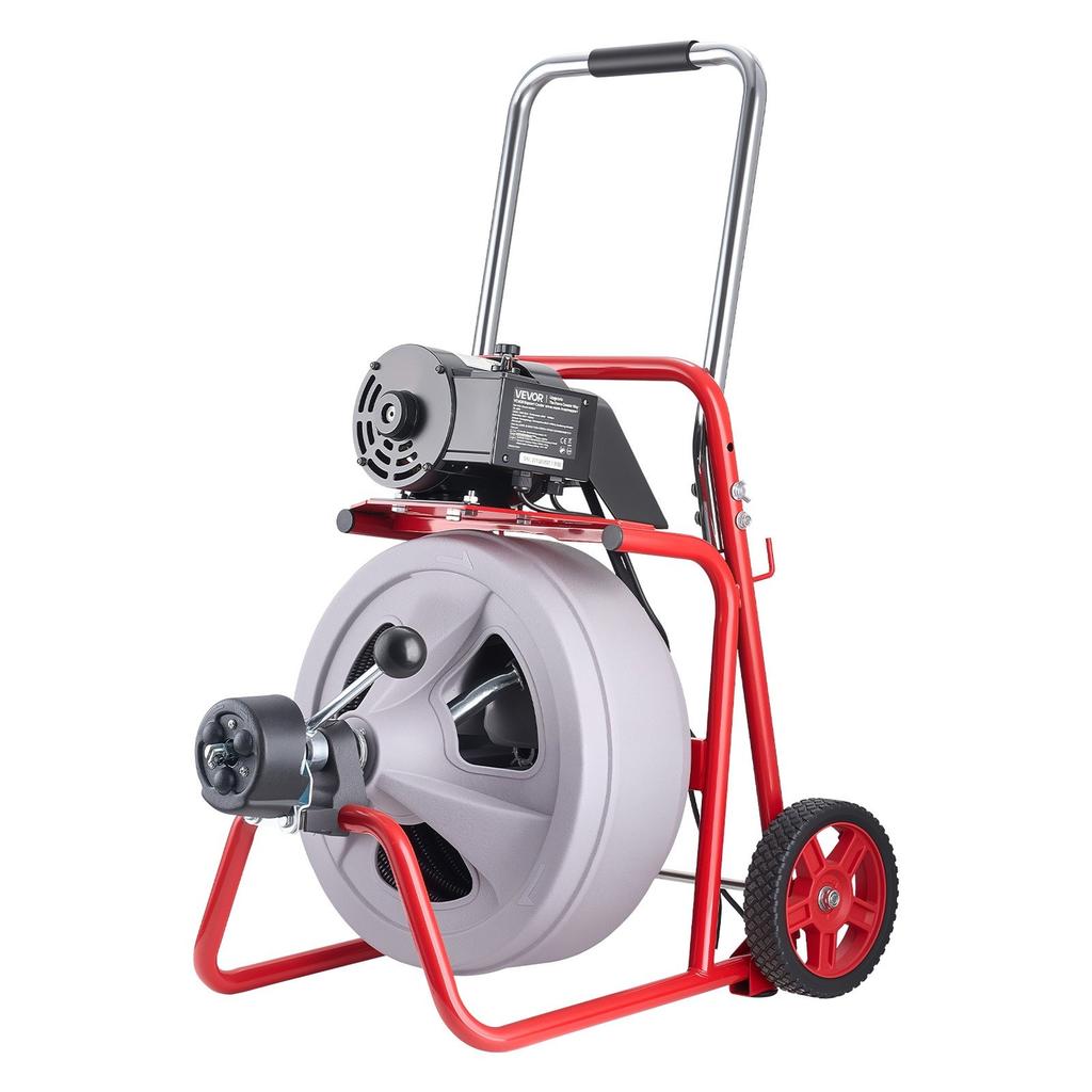 Drain Cleaner Machine 22m x 13mm, Auto Feed Sewer Snake Drain Auger on Wheels, Portable Drain Cleaning Machine with 8 Cutters & Air-Activated Foot