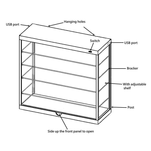Acrylic Display Box, Slim, 5 Tiers, with LED Illumination, Mirror, USB Powered, Showcase for Model Cars, Miniature Cars, and Diecasts (Black)