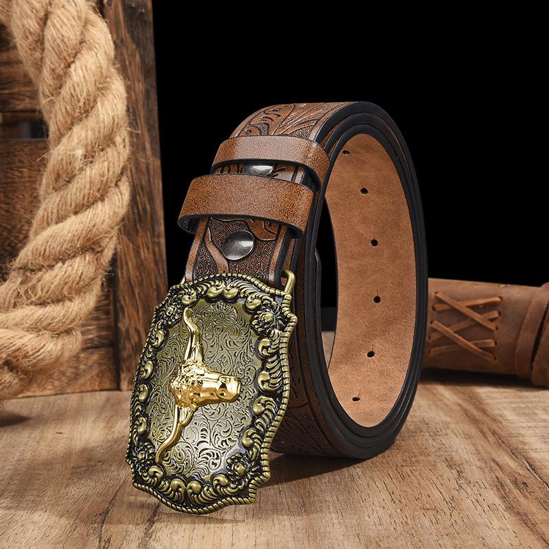 Western Cowboy Large Buckle Belt - Youth Trendy American Street Style Leather Waistband