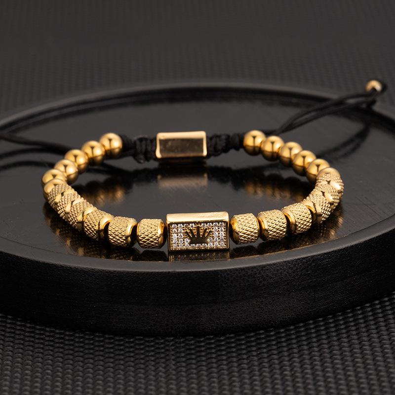 Men's Adjustable Braided Hip Hop Bracelet with Retro Copper Crown, Pineapple Beads, and Vacuum-Plated Titanium Steel.