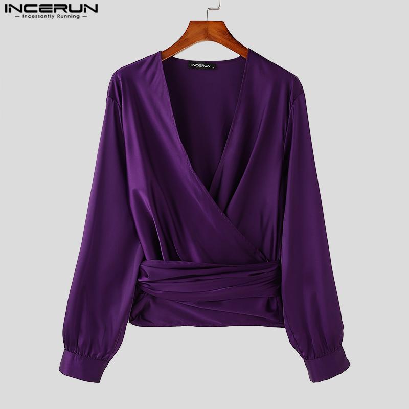 INCERUN Herren Deep V-Ausschnitt Vorne gekreuzt Einfarbig Bandage 70er Jahre Retro Tops Partyhemden