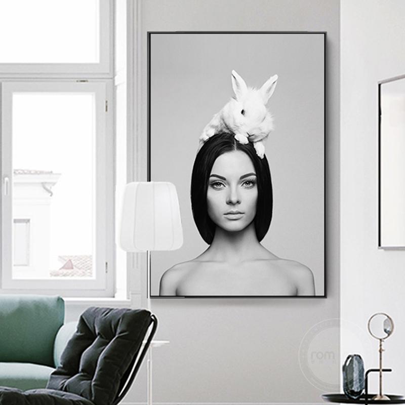 Black And White Short Hair Girl Painting Rabbit Hat Sexy Lady Poster For Living Room Nordic Wall Art Decoration Picture Salon