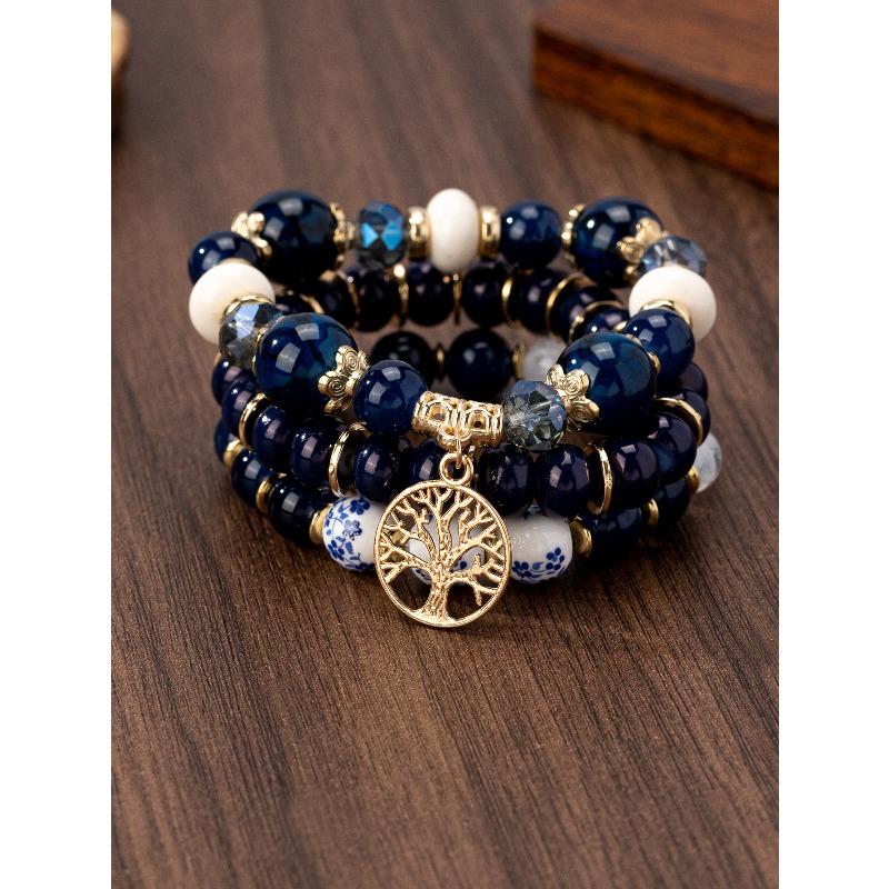 Hollow Tree of Life Bracelet Blue and white porcelain pattern glass bead pendant bracelet