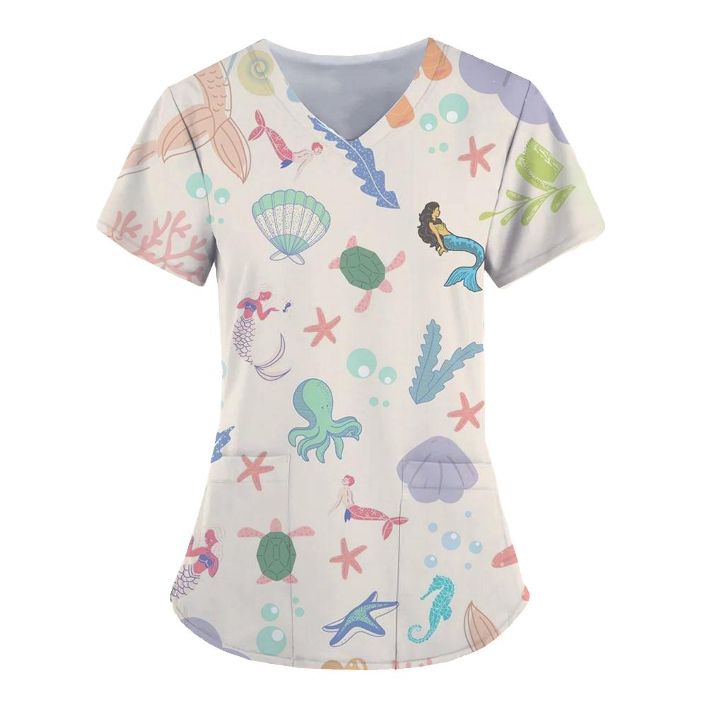 Marine life patterns Healthcare Uniform Nurse Clinic Nursing Workwear Hospital T-shirt Fashion Short Sleeve Blouse Women Medical