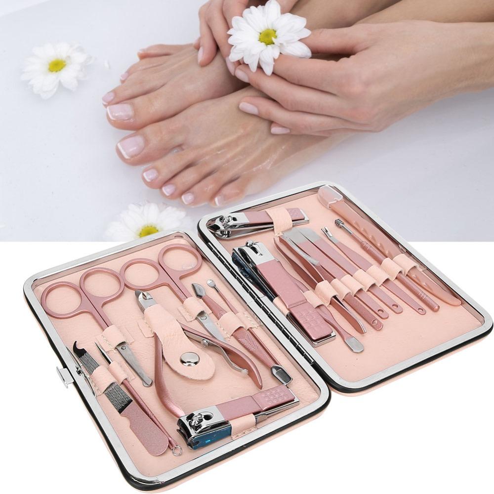 18PCS Stainless Steel Nail Clippers Set Portable Rose Gold Nail Art Tool Set PU Leather Case Nail Care Kit Nail Salons