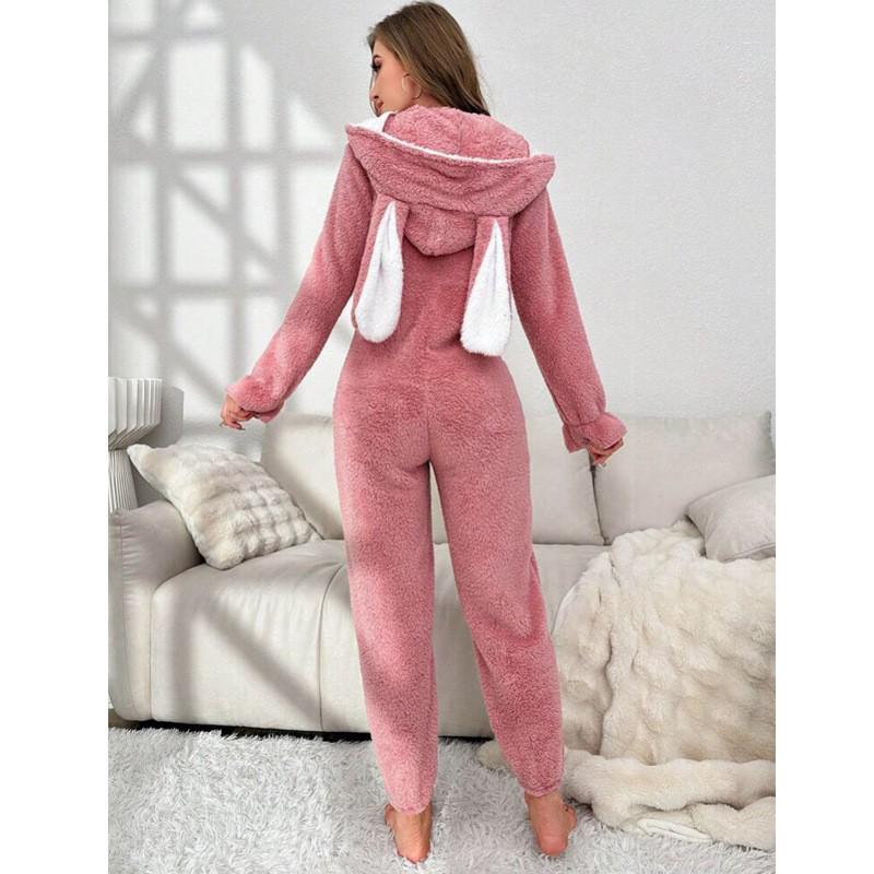 Color Block Bunny Ear Hooded Jumpsuit - Women's Coral Fleece Pajamas for Autumn and Winter