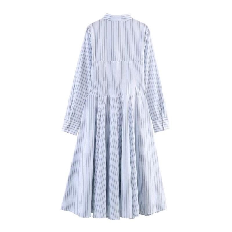 Womens Striped Long Sleeve Midi Dress 2026 Street Style A-Line High Waist Loose Fit