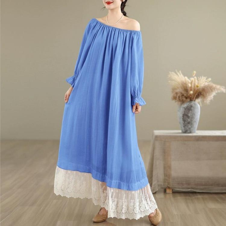 New French Style Oversize Off The Shoulder Dress Patchwork Lace Sweet One Neckline Slim and Long Look