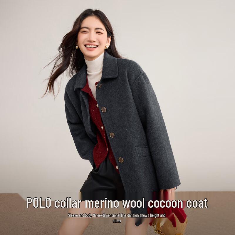 

Women s Wool Blend Polo Collar Double-Faced Mid-Length Coat M