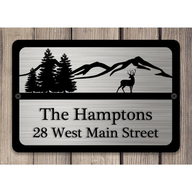 Metal Wall Art Custom Deer Landscape House Number Sign Personalized Plaque Decor