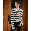 Demana Women's Lamb Wool Blend Ruffled Collar Puff Sleeve Striped Knit Top