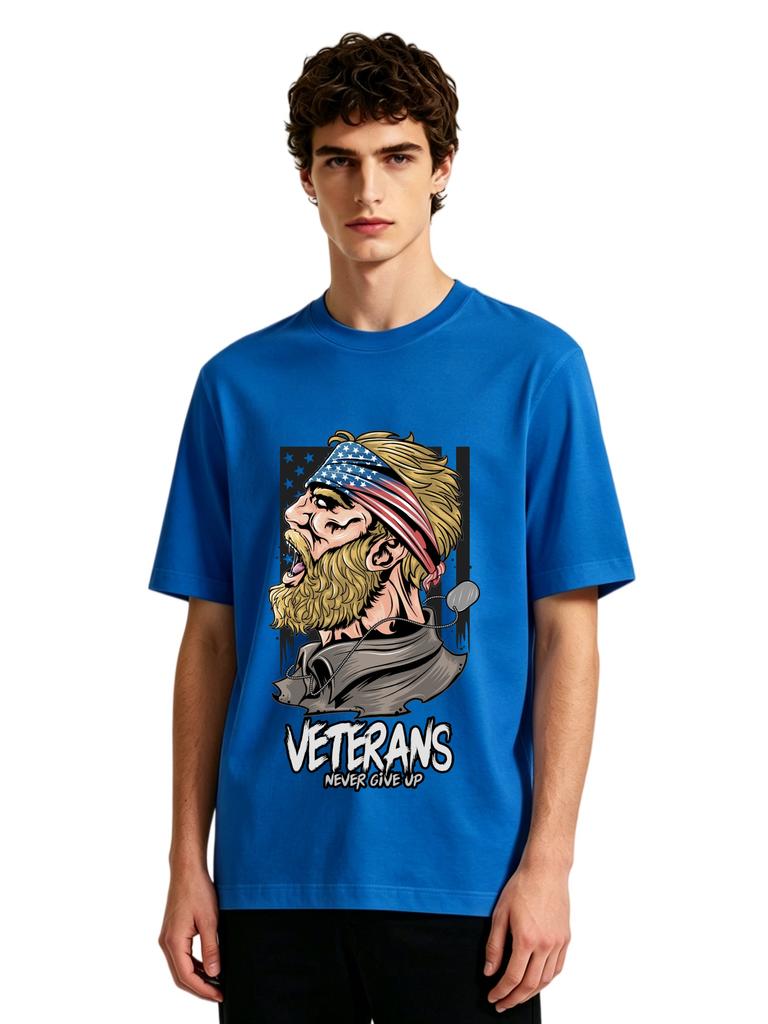 Mens Us Veterans Never Give Up Graphic Tshirt Patriotic Print Casual Short Sleeve Grey Cotton Tee
