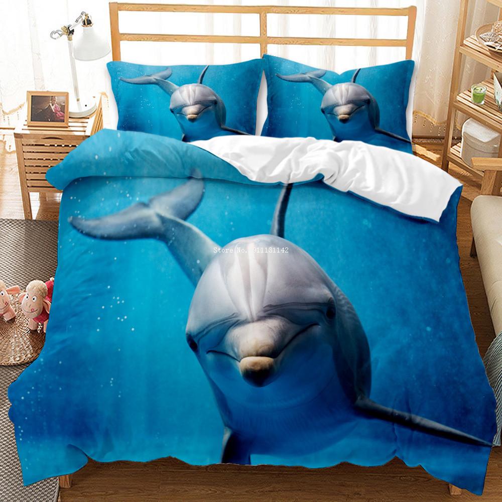 Queen & King Size 3D Undersea World Whale Shark Printed Down Quilt Cover & Pillow Cover Bedding Set with Blue Background