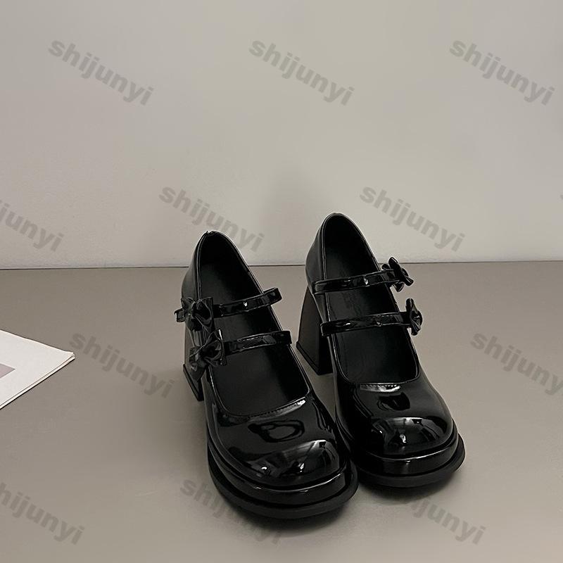 Fashion Women Thick Soled Mary Jane Pumps Thick High Heels Leather Shoes Female Square Toe Spring Fashion Party Leather Mary Jane Shoes