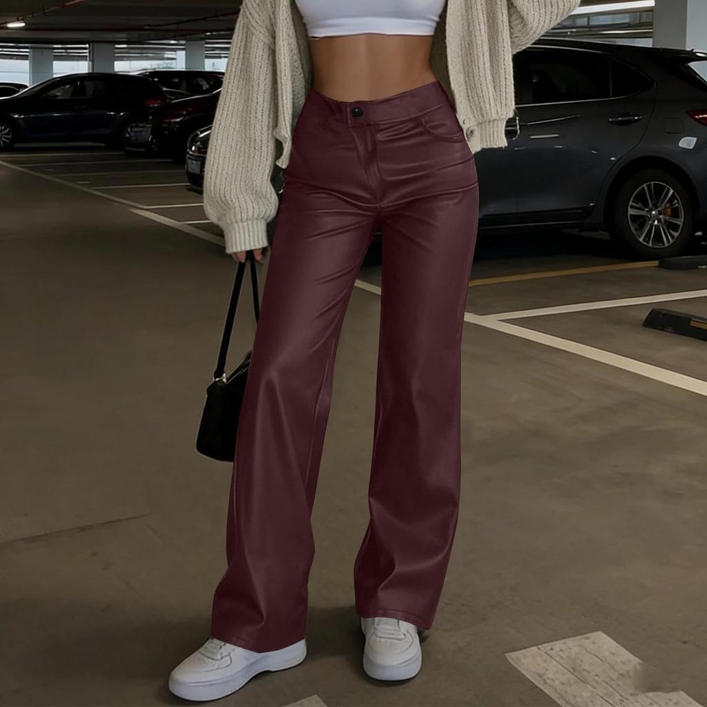 Women's Leather Pants High Waist Straight Leather Pants Pocket Elastic Pu Frosted Casual Pants