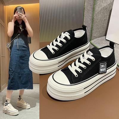 Platform Canvas Shoes Women's 2025 Spring and Summer New Korean Version Small Height Increase Lace-up Low-top Board Shoes Popular White Shoes
