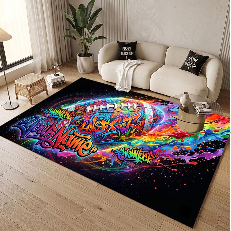 American Football Theme Soft Crystal Velvet Rug Custom Name & Text Print Non Slip Floor Rug for Bedroom Living Room
