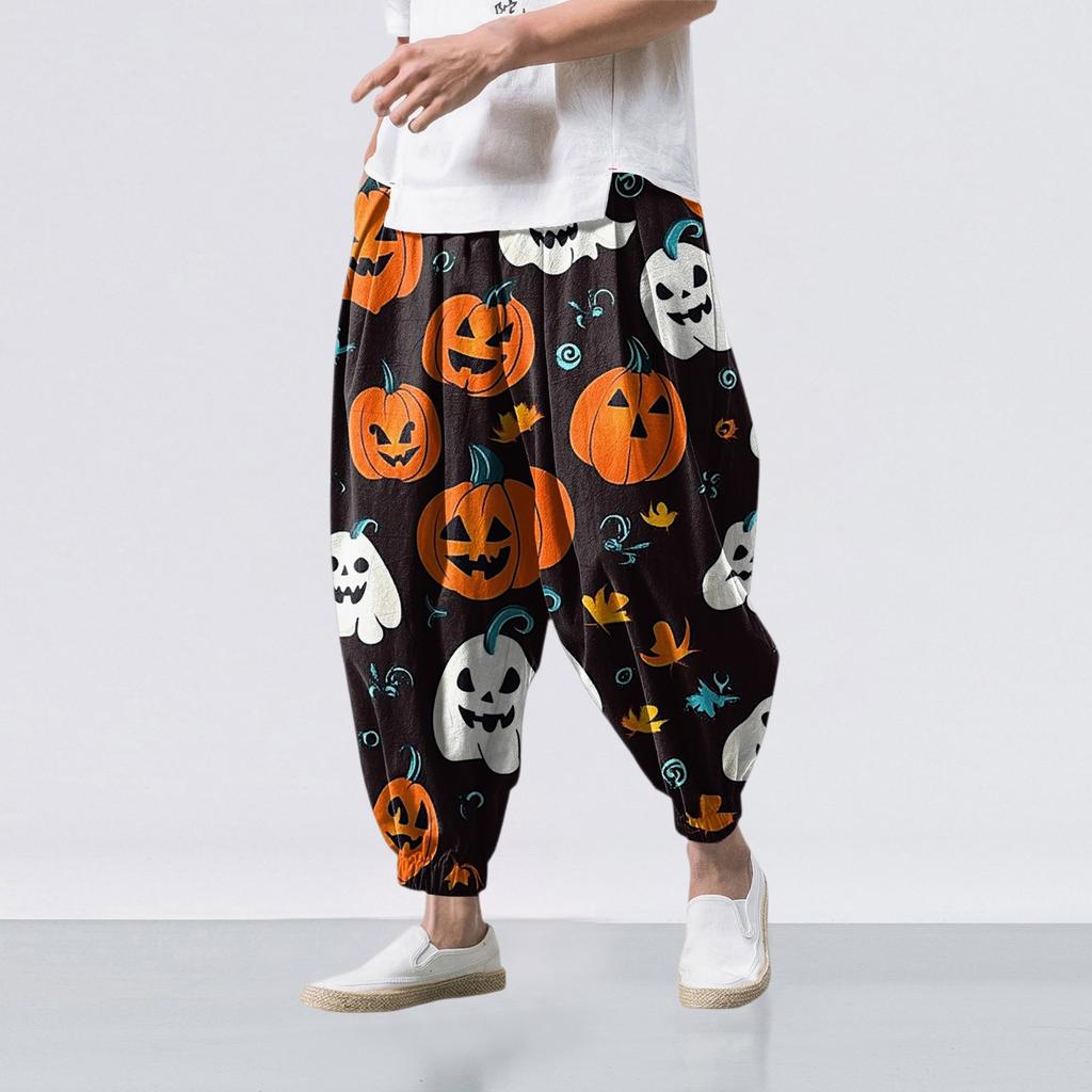Halloween-Print - Lässige Weitbein-Hose, Herren Lässige Loose-Fit-Hose