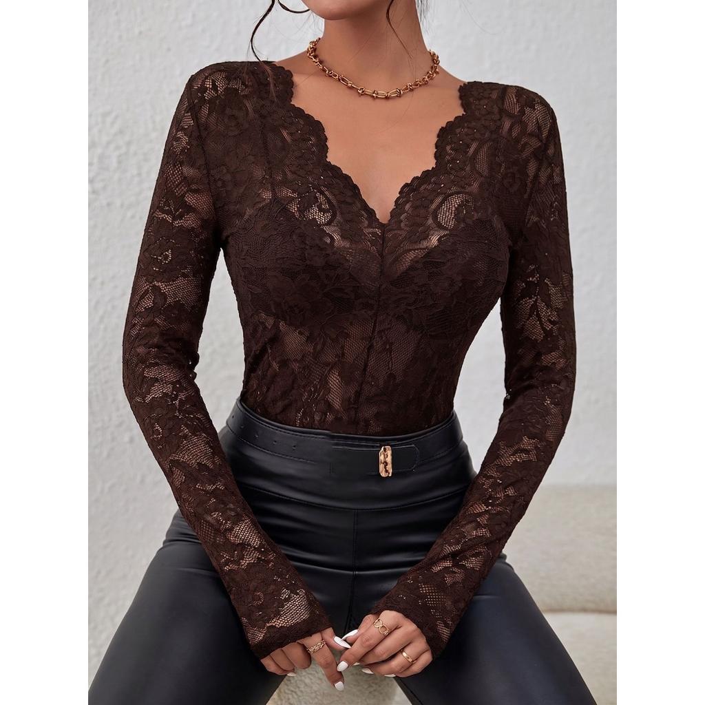Blusa Elegante da Donna a Scollo a V Manica Lunga in Pizzo Floreale Slim Fit con Bordi a Festone Top Trasparente da Sovrapporre