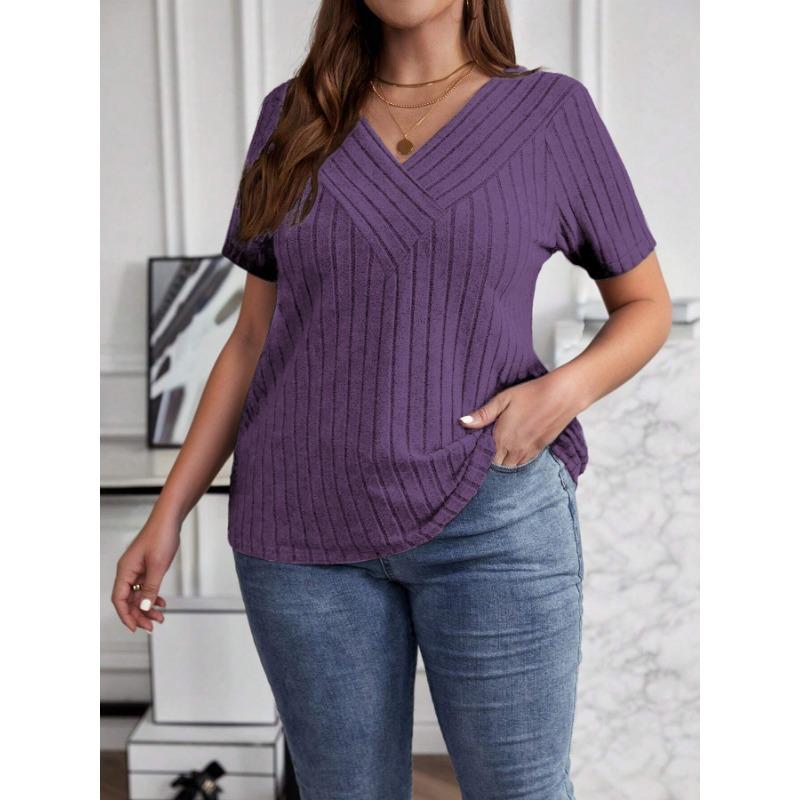 Summer Cross V-Neck Plus Size Short Sleeve Women Blouse Pit Strip Solid Color Top Fashion Loose Casual Elegant Simple T-shits Female Office Tee Shirts