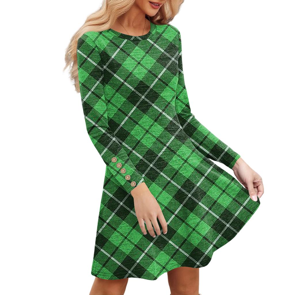 Rochie Casual de Damă la Modă cu Buzunare, Nasturi Decorativi, Gât Rotund și Mâneci Lungi