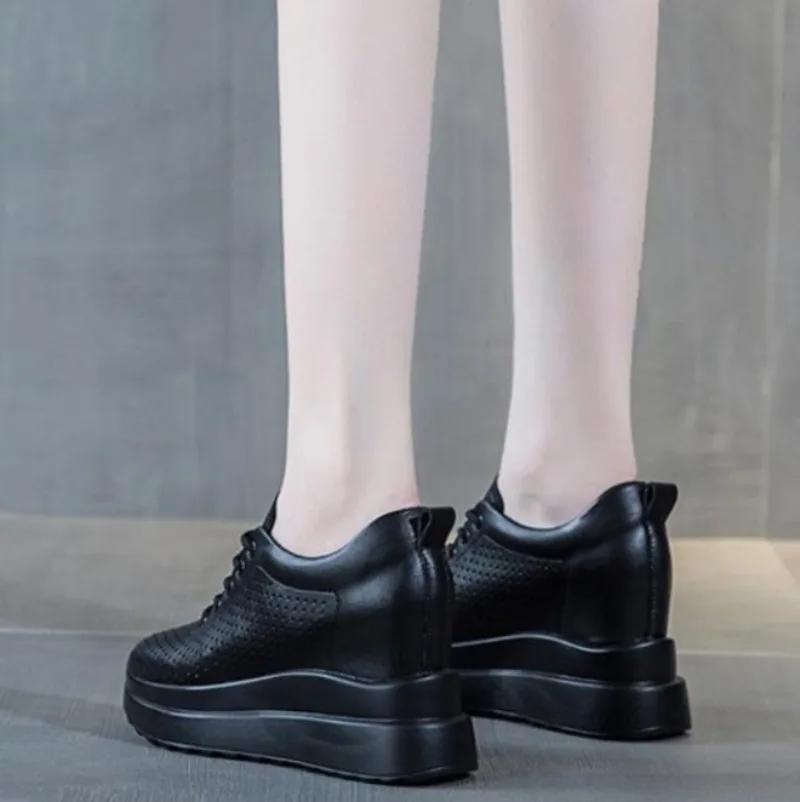 Fashion Hot quality10cm Genuine Leather Vulcanized Platform Wedge Casual Women Summer Shoes Fashion Sneakers Hollow Heels Increase Shoes