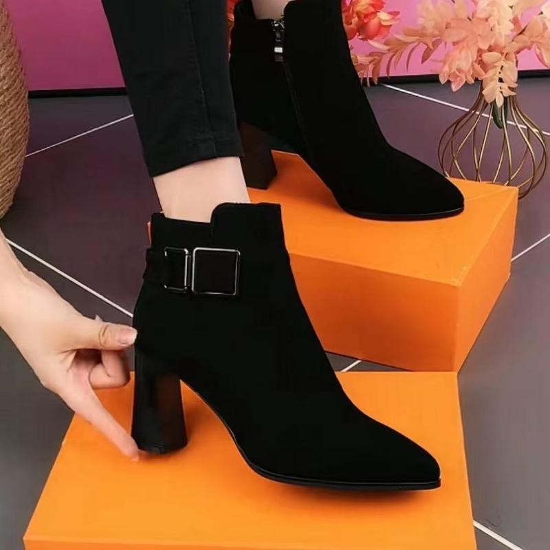New Pointed-toe Chunk-heeled Ankle Boots, High-heeled Boots and Women's Shoes