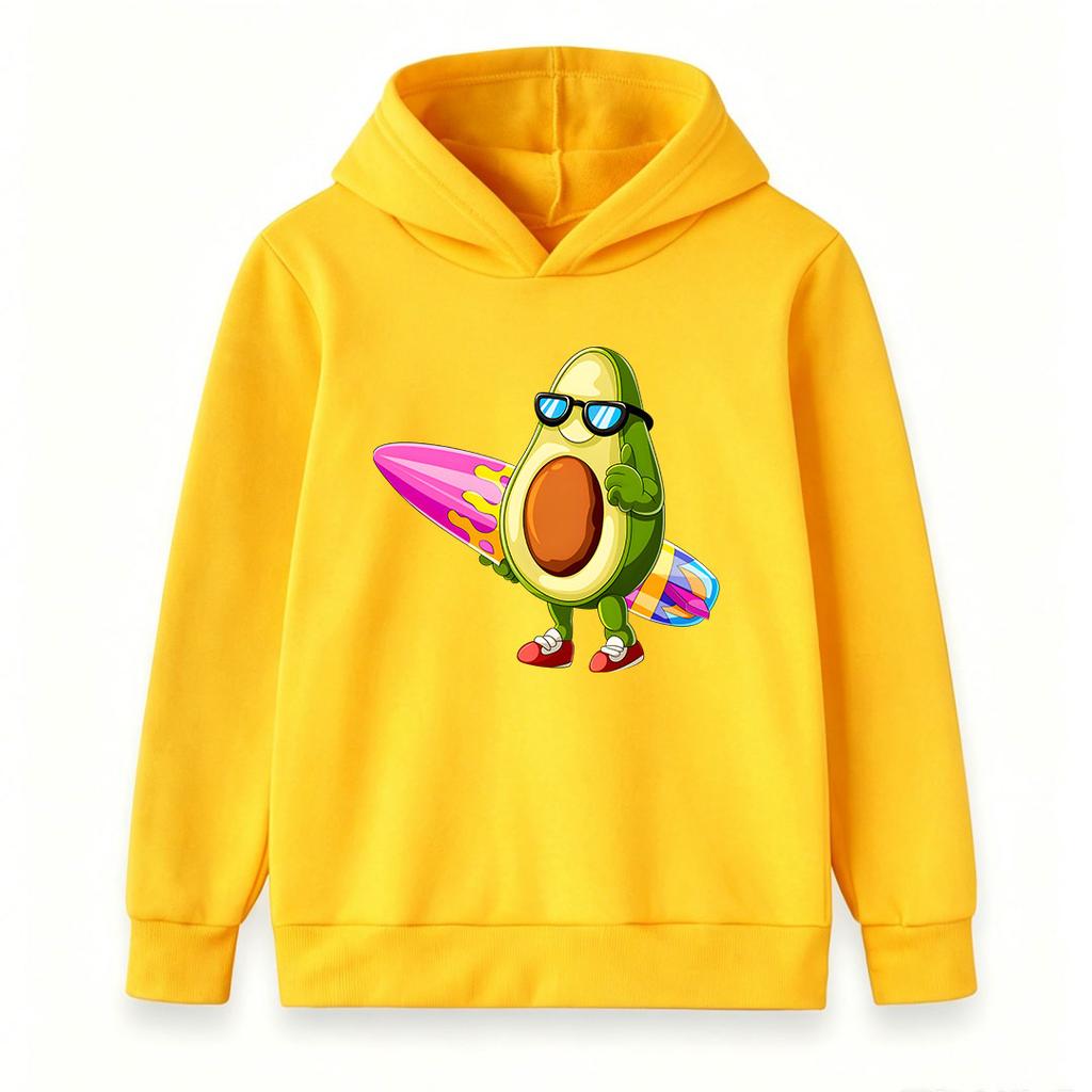 Kids Boys Girls Hoodie, Cool Avocado Surfer Cartoon Print Pullover Hooded Sweatshirt, Casual Long Sleeve Top for Beach Holiday Daily Wear 3-12 Years