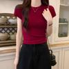 Front shoulder pink short-sleeved cotton T-shirt women's summer new Spice Girl tight-fitting design short small stand-up collar inner top