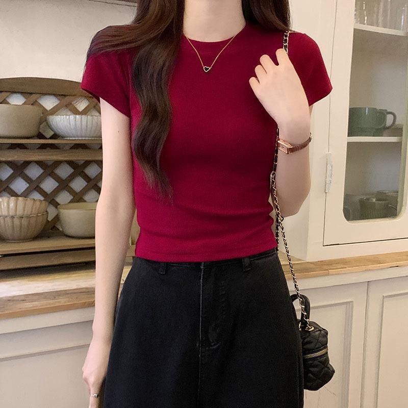Front shoulder pink short-sleeved cotton T-shirt women's summer new Spice Girl tight-fitting design short small stand-up collar inner top