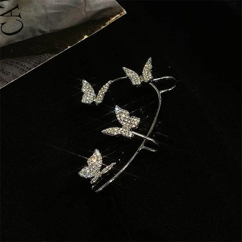 Vintage Classic Gold Silver Metal Butterfly Wings Swallow Earclip Exquisite Thornless Women's Shining Zircon Earrings Jewelry