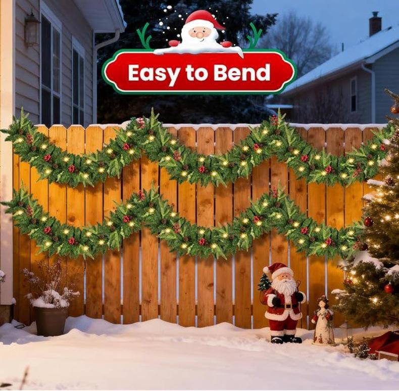 9-Foot Pre-Lit Christmas Garland with Battery Lights, Pine Cones, and Red Berries