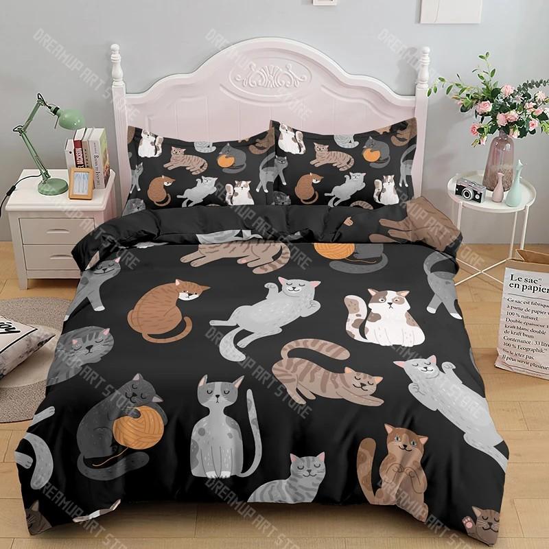 Boys Girls Animal Theme Cute Kitten Pattern 2_3pcs 3D Kids Cats Bedding Set Twin Size Green Cartoon Cats Bedding Set for Kids