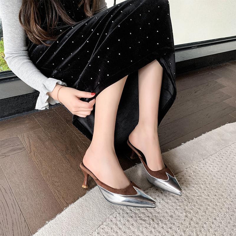 Fashion Women's Pointed Mid-heel Sandals Spring Baotou Shallow Mouth Splice Set Foot Anti-slip Wear-resistant Slippers