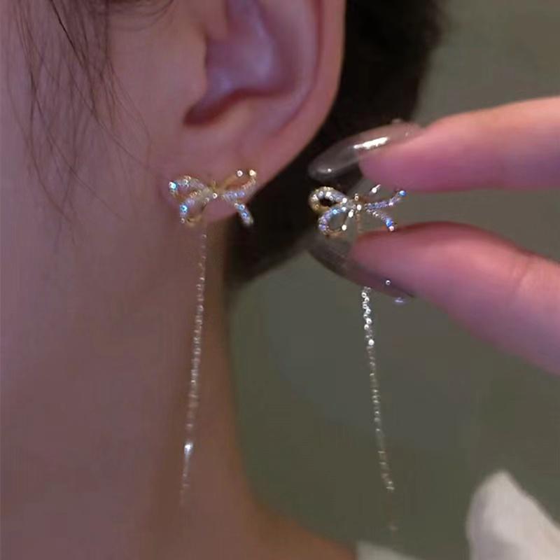 New Sparkling Zircon Bow Earrings Long Fringe Zircon Women Fashion Wedding High Zircon Party Gifts
