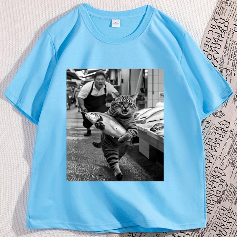 

Funny Cat Stealing Fish T Shirt Men Cotton Round Neck Short Seeve Tees Loose Casual Comfortable Round Neck Short Sleeve Tops 4XL