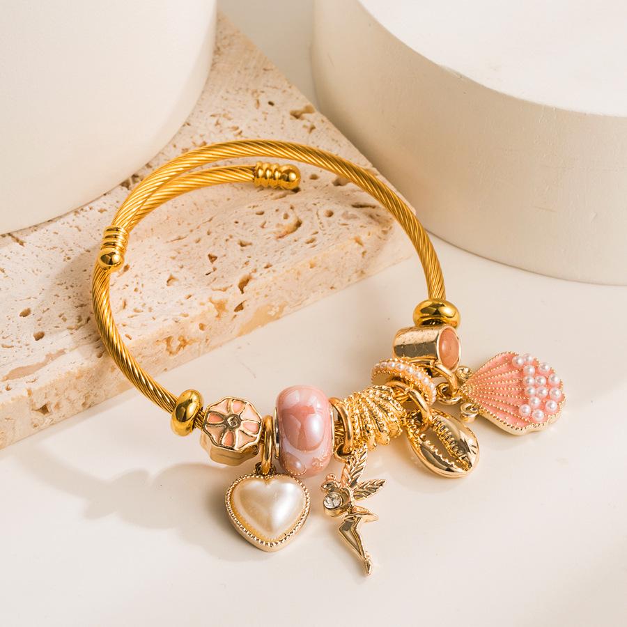 Adjustable Gold Alloy Bracelet with Pearl & Seashell Charms