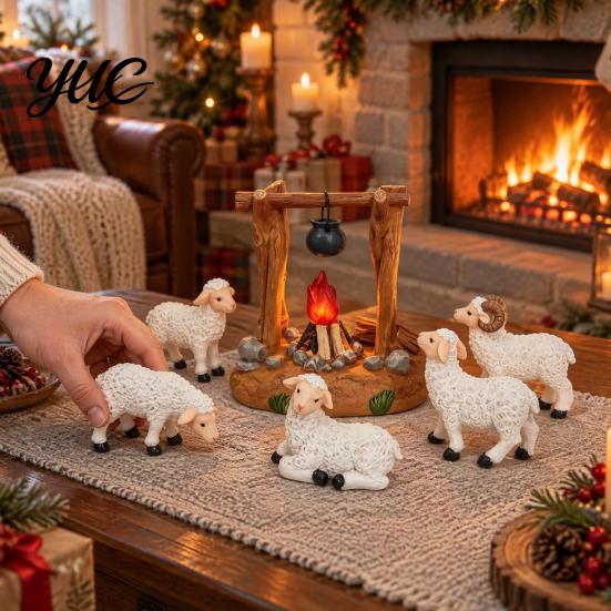 Christian Gift for Family Christmas Nativity Scene Set with LED Lighted Campfire, Resin Manger Stable Figurine, Religious Figurine Wooden Look